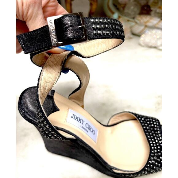 Jimmy Choo Gun Metallic Pable Crystal Hematite studs wedge sandal Heels Ankle 39 - Picture 5 of 16